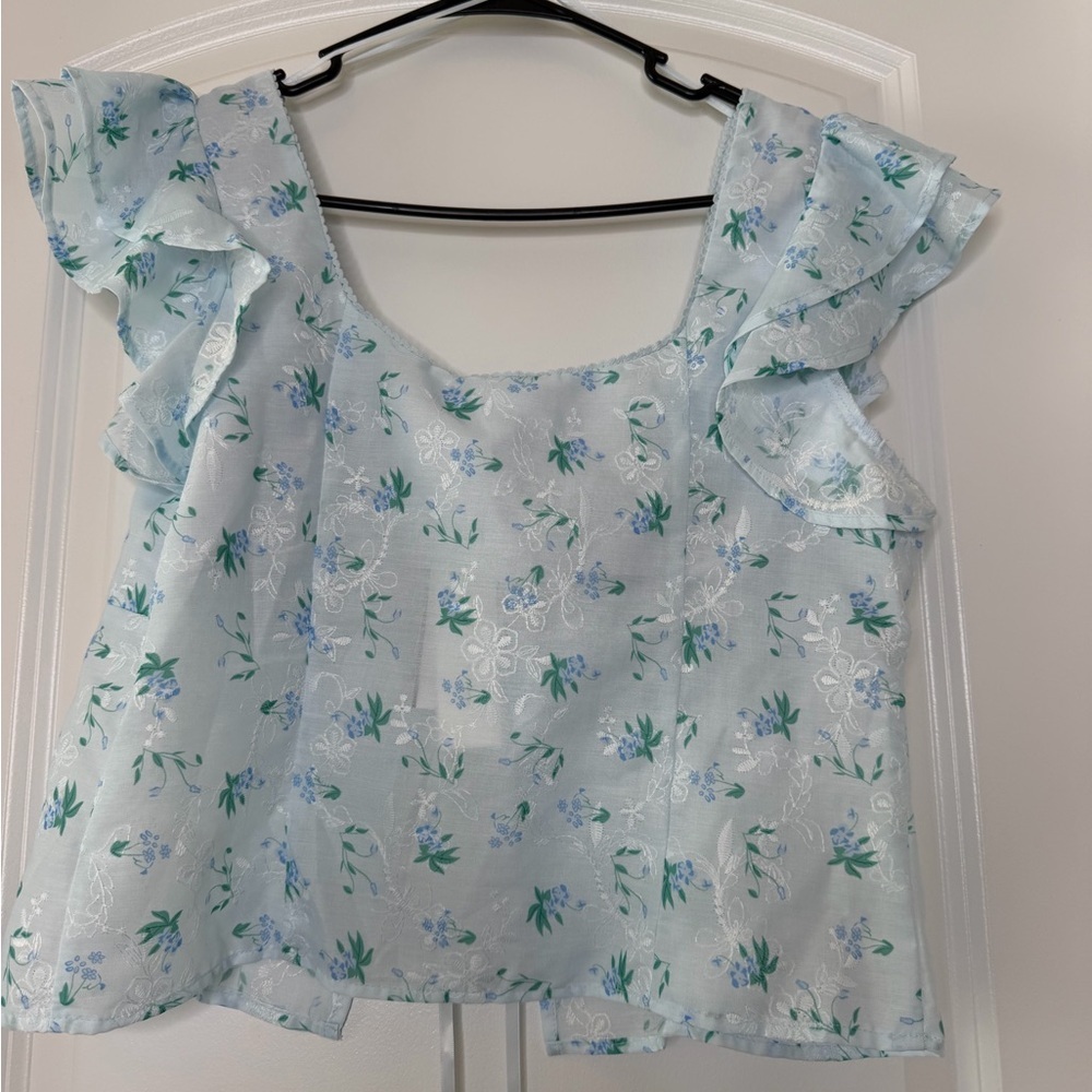 All In Favor Blue Floral Lace Up Crop Corset Top L Cottagecore Ruffle Blouse NWT - Picture 3 of 8